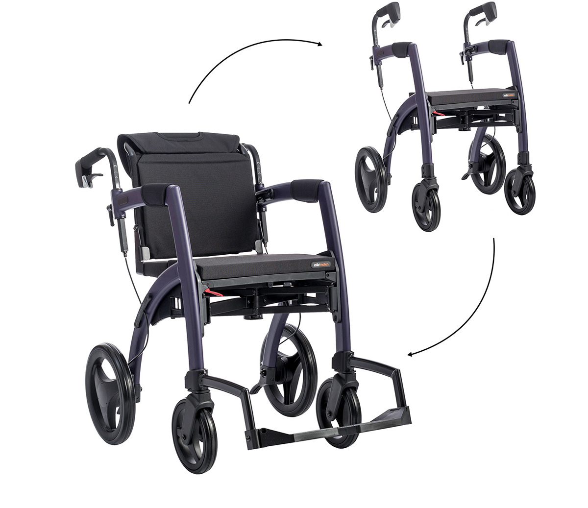 Een donkerpaarse Rollz Motion getoond in rollator- en rolstoelposities