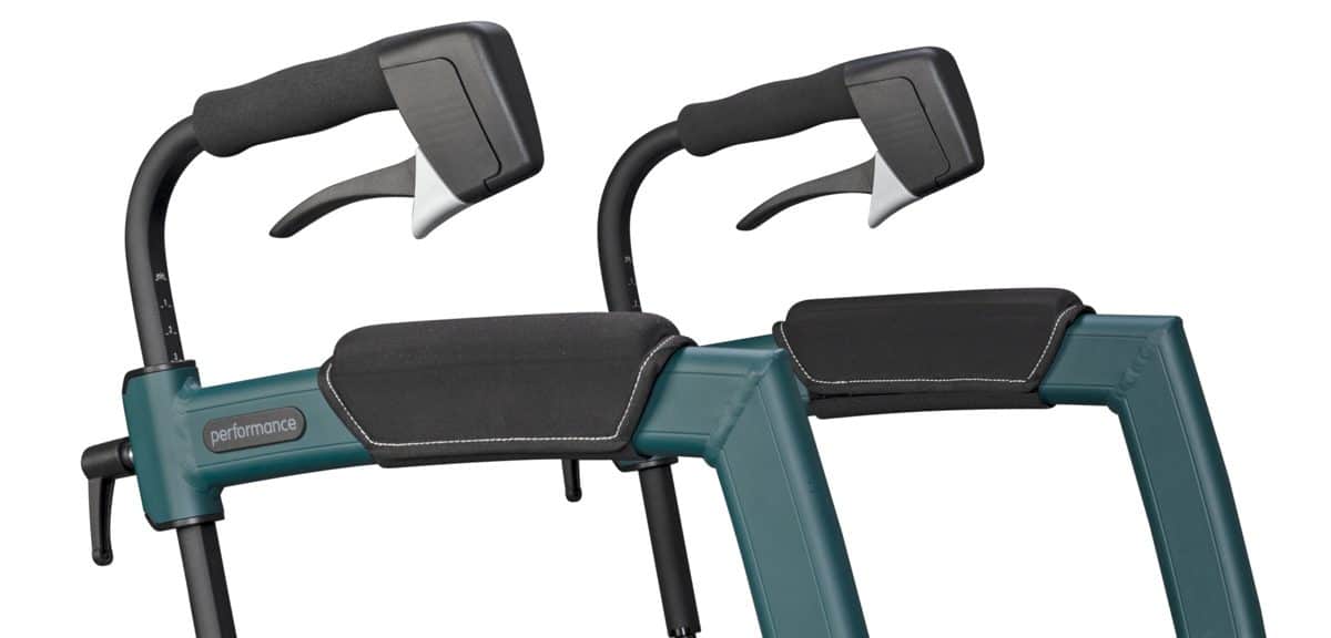 Soft and ergonomically shaped handles of the rollator with air tyres