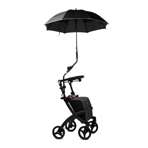Rollz Flex umbrella attached to the frame of a black rollator