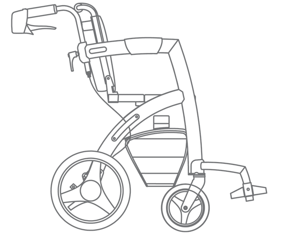 Tekening van de Rollz Motion 2 rollator en rolstoel
