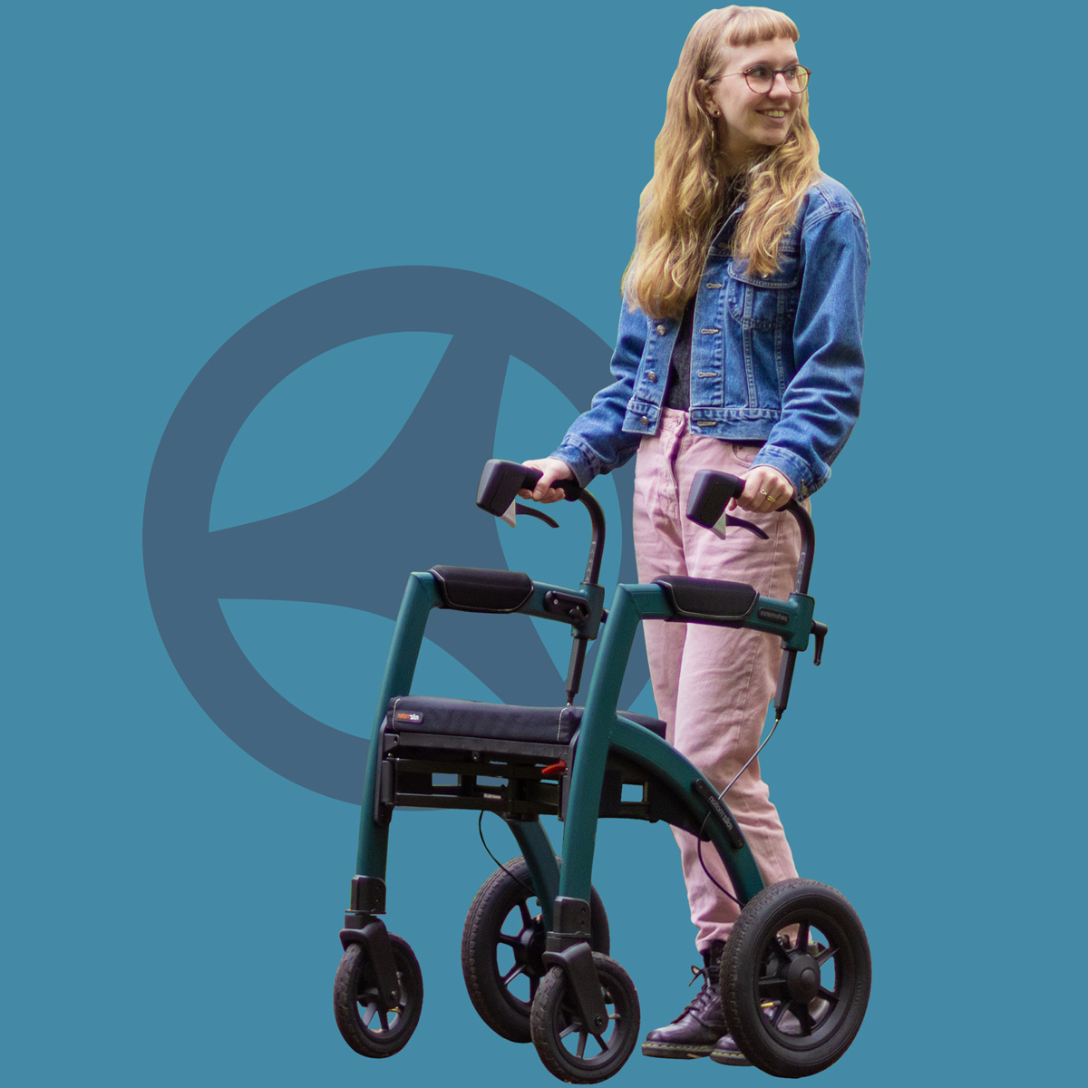 Woman pushing a green modern rollator with air tires